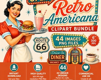 Retro Diner Waitress Clipart Vintage Americana Clipart Bundle Ephemera Digital Download Commercial Use