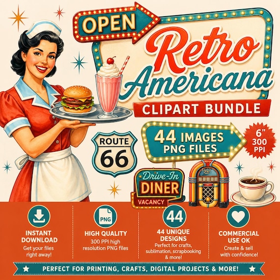 Retro Diner Waitress Clipart Vintage Americana Clipart Bundle Ephemera Digital Download Commercial Use