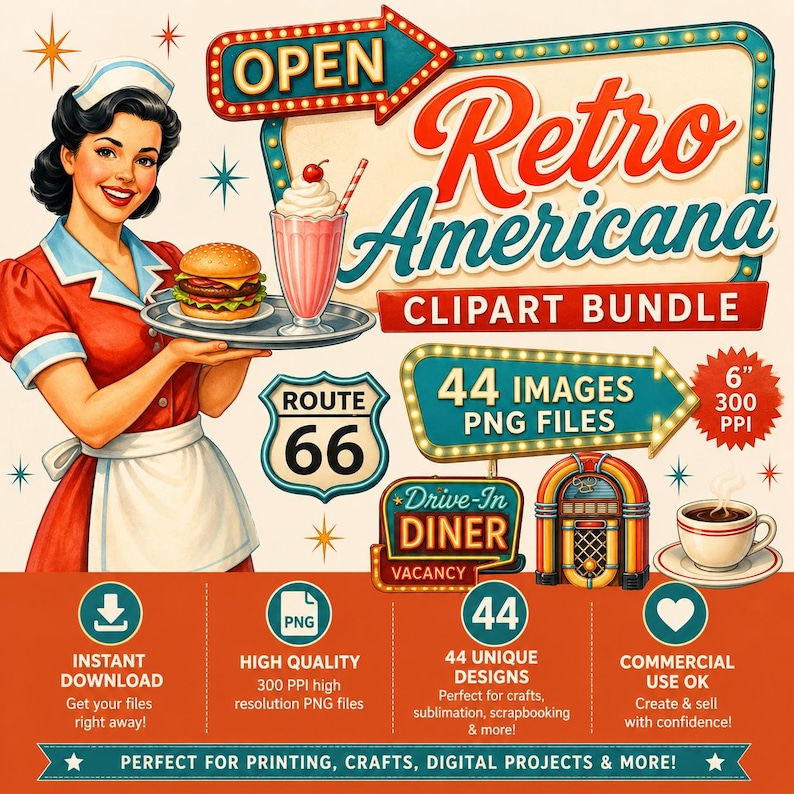 May include: A digital graphic featuring a retro diner server holding a burger and milkshake, with text reading Retro Americana Clipart Bundle, 44 Images PNG Files, Route 66, Drive-In Diner, and 15.24 cm 300 PPI, set against a cream and orange background.