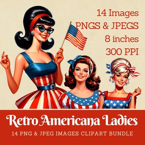 retro americana clipart, 1960s women in patriotic dress, vintage patriotic clip art, retro American ladies, USA patriot, patriotic American, Midcentury Americana digital images, commercial use.