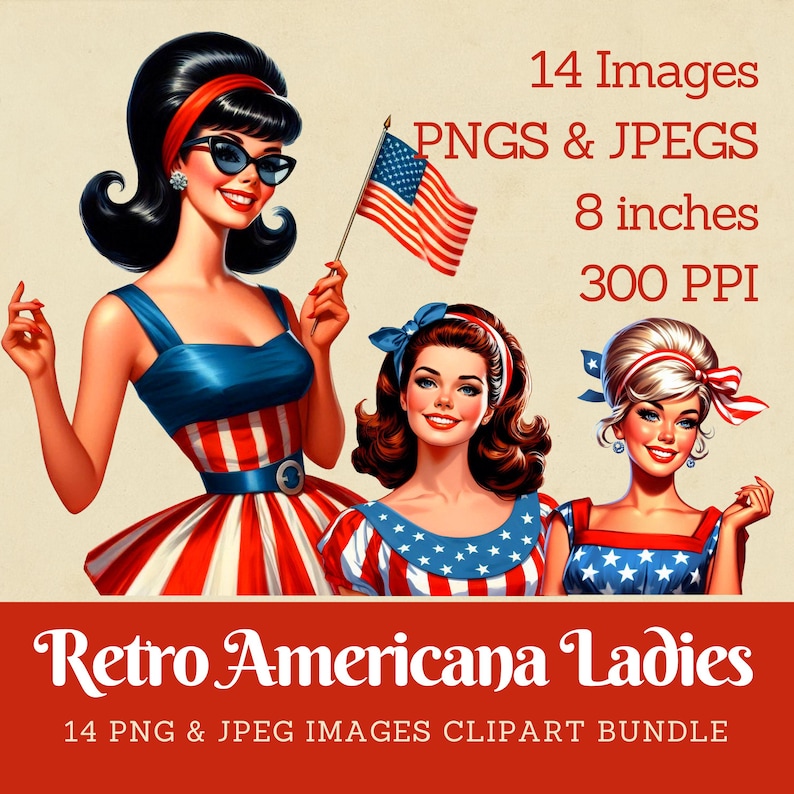 retro americana clipart, 1960s women in patriotic dress, vintage patriotic clip art, retro American ladies, USA patriot, patriotic American, Midcentury Americana digital images, commercial use.