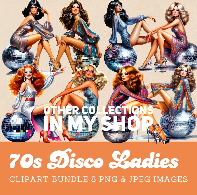 70s fashion clipart, 1970s women image, 70s disco ladies sitting on mirror ball