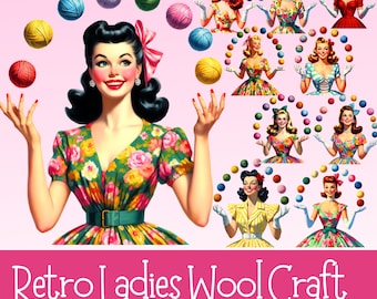 Paquete de imágenes prediseñadas de mujeres retro con hilo de tejer. Imágenes prediseñadas de ama de casa vintage de los años 50, tejedora retro.