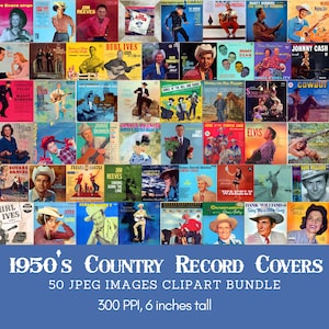 Pacote de clipart de capas de álbuns de música country vintage dos anos 1950, itens efêmeros de música country western para diários e scrapbooking digital