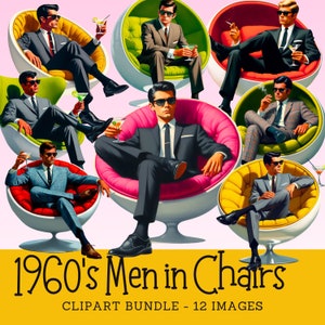 Paquete de imágenes prediseñadas de hombres retro en sillas tipo pod de los años 60 Imágenes digitales de hombres vintage de los años 60 con cócteles Uso comercial