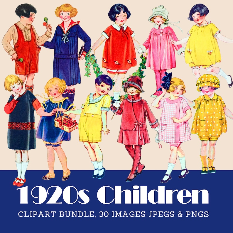 K&ouml;nnte beinhalten: Eine Sammlung von Illustrationen im Vintage-Stil, die Kinder in Kleidung der 1920er Jahre zeigen, darunter Kleider, Shorts und H&uuml;te in verschiedenen Farben wie Rot, Blau und Gelb. Der Text unten lautet 1920s Children CLIPART BUNDLE, 30 IMAGES JPEGS & PNGS.