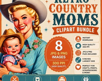 Vintage Cowgirl Moms Clipart Bundle: Retro Western PNG (Commercial Use)