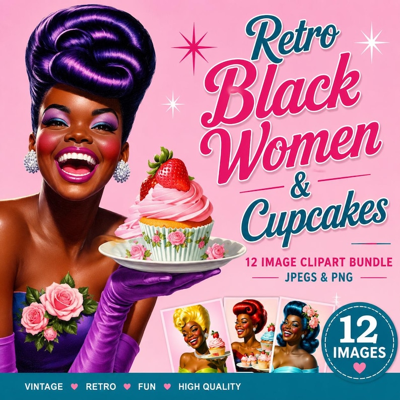 Op de afbeelding: Een digitale afbeelding met een lachend persoon met paars haar, gekleed in paarse handschoenen en een jurk met rozen, die een cupcake vasthoudt. Tekst: Retro Black Women & Cupcakes, 12 IMAGE CLIPART BUNDLE, JPEGS & PNG, 12 IMAGES, VINTAGE RETRO FUN HIGH QUALITY.