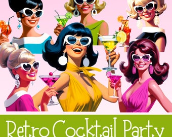 Retro Cocktail Party Ladies Clipart Bundle Vintage 1960s Women Cocktails Digital Images Commercial Use
