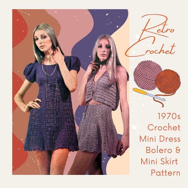 Crochet Mini Dress with puffed sleeves, bolero and mini skirt 1970s