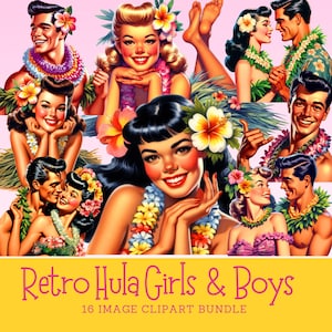 Retro Hula Girls und Hula Kane Clipart Bundle Vintage Hula Tänzerin digitale Bilder 1950er Jahre Hawaiian Hula Girls und Boys Clip Art
