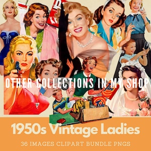 1950s ladies clipart bundle of vintage women in various poses, vintage woman aiming a gun, vintage bride