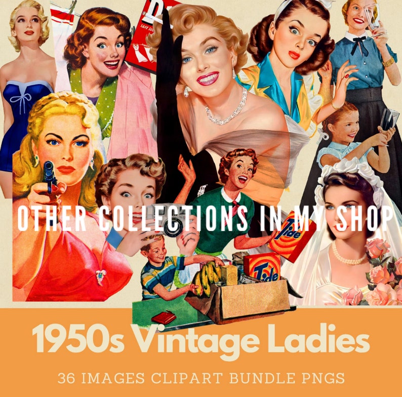 1950s ladies clipart bundle of vintage women in various poses, vintage woman aiming a gun, vintage bride
