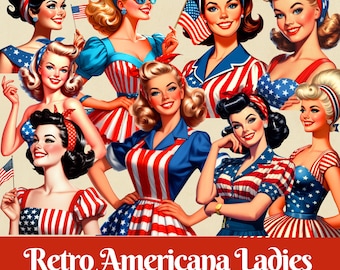 Imágenes prediseñadas de mujeres americanas retro: gráficos patrióticos de EE. UU. (imágenes digitales)