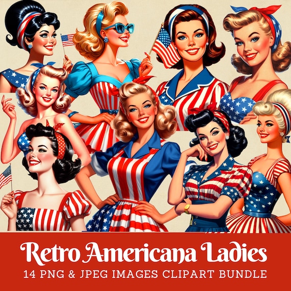 Retro Americana Women Clipart: Patriotic USA Graphics (Digital Images)