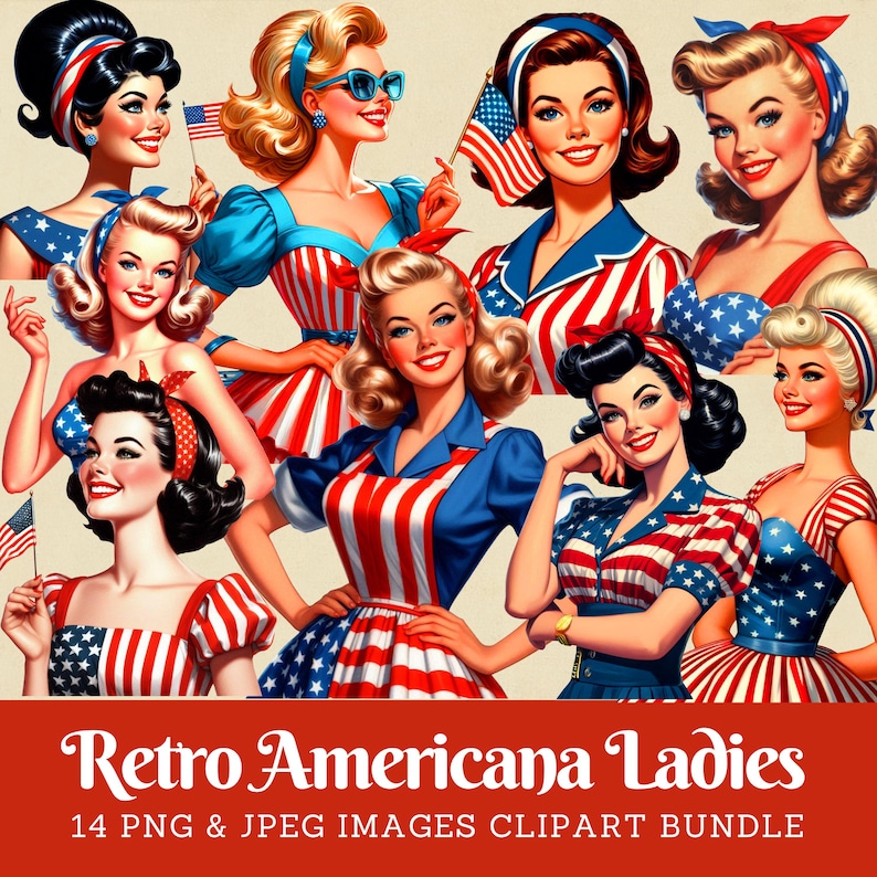 retro americana clipart, 1960s women in patriotic dress, vintage patriotic clip art, retro American ladies, Midcentury Americana digital images, commercial use.