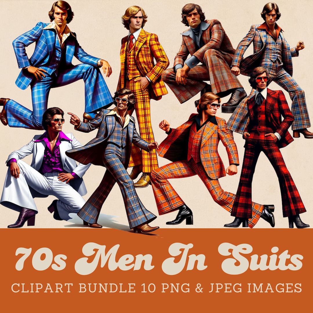 70s Men's Fashion Clipart: Groovy Plaid Suits (PNG) - Etsy