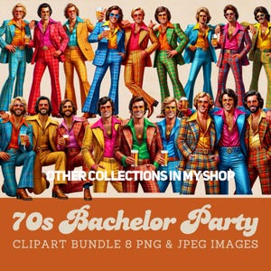 70s men clipart, retro bachelor party clipart bundle, retro men in plaid suits