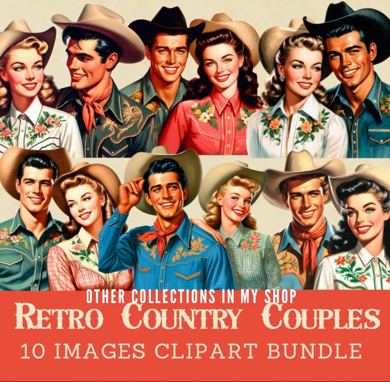 Retro cowboy clipart, retro cowgirl clipart, vintage country and western couples digital images, vintage country western collection