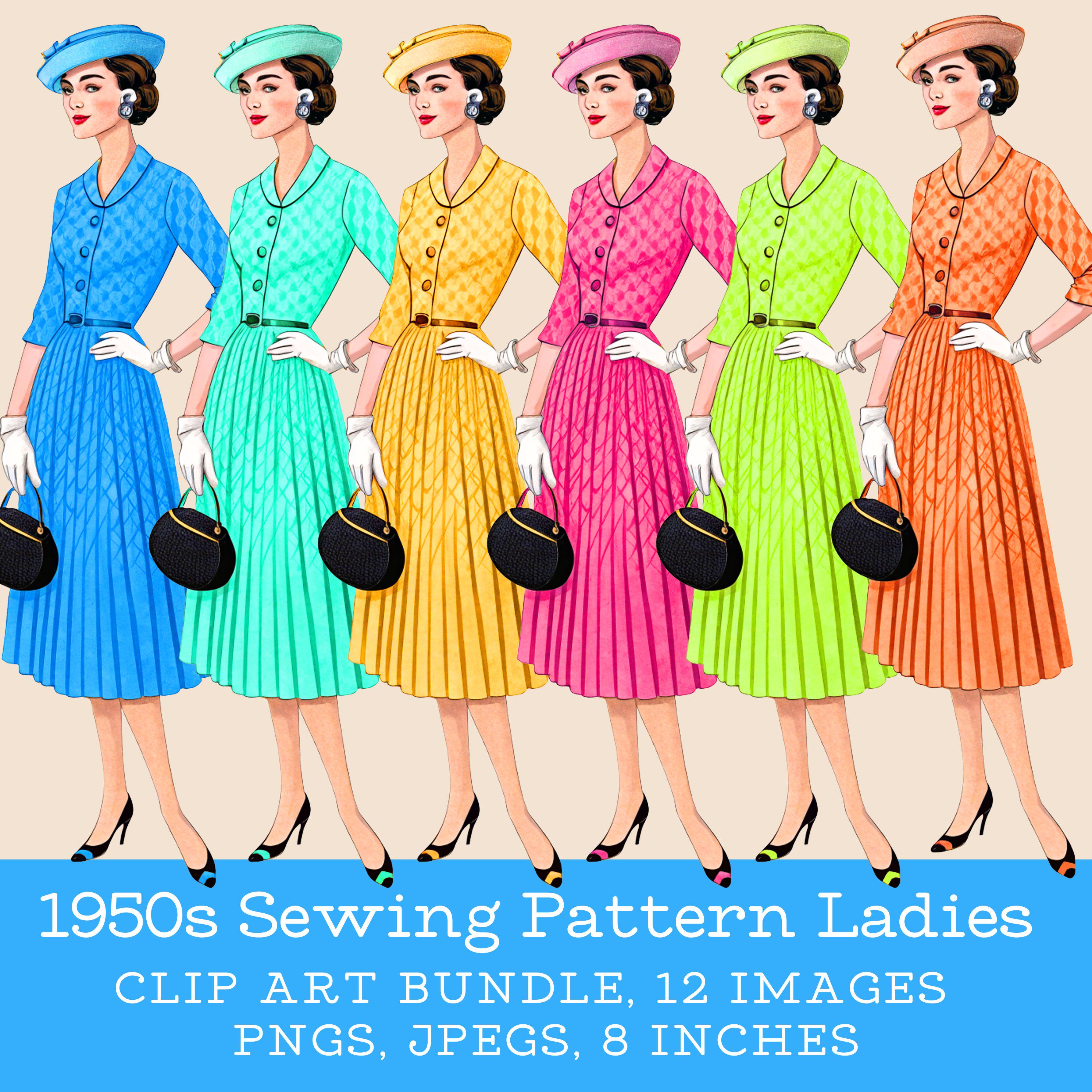 1950s Fashion Clipart Bundle: Midcentury Women, Sewing Patterns