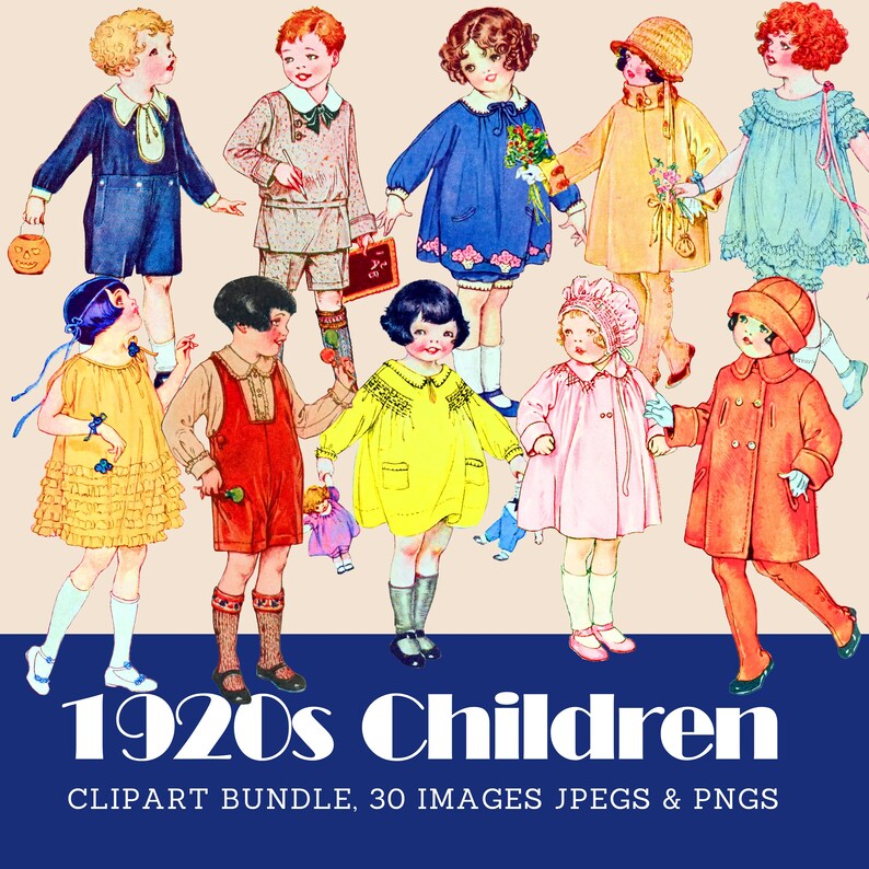 K&ouml;nnte beinhalten: Eine digitale Sammlung von Illustrationen mit zehn Kindern in Kleidung der 1920er Jahre, darunter Kleider, M&auml;ntel und Shorts, mit verschiedenen Accessoires wie einem K&uuml;rbiseimer und Puppen. Der Text lautet 1920s Children CLIPART BUNDLE.