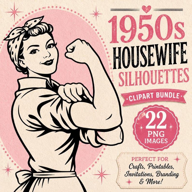 Op de afbeelding: Een digitale afbeelding met een illustratie in jaren 50-stijl van een persoon die de arm buigt, met de tekst 1950s HOUSEWIFE SILHOUETTES CLIPART BUNDLE, 22 PNG IMAGES, en PERFECT FOR Crafts, Printables, Invitations, Branding & More! in roze en zwart.