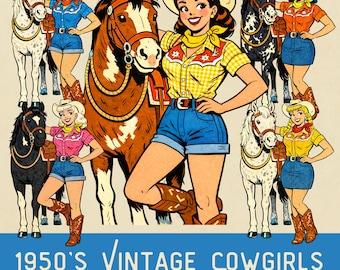 Vintage 1950s Cowgirl Clipart Bundle, Rodeo Western PNG (Digital Download)