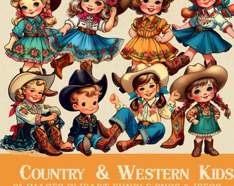 Country Western Kids Clipart Bundle, Cowgirls & Cowboys (Digital Download)