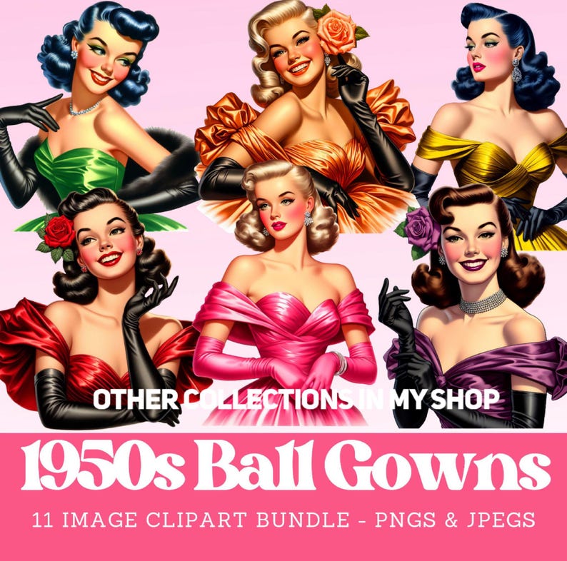 1950s women in satin ball gown clipart, midcentury ladies digital image, beautiful vintage girls in vintage dresses