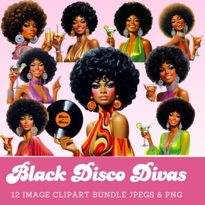 Retro zwarte disco dames clipartbundel jaren 1970 zwarte vrouwen in disco mode kieskeurige cuts vintage discodanseres digitale beelden commercieel gebruik