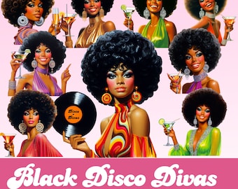 Retro 1970s Disco Women Clipart Bundle: Black Fashion Divas (Digital Images)
