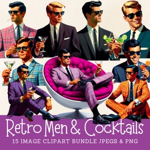 Pacchetto di clipart di uomini da cocktail retrò Uomini vintage anni '60 con cocktail Uomo retrò Martini Immagini digitali Uso commerciale