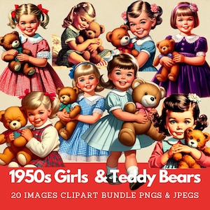 Retro Mädchen und Teddy Bären 1950er Jahre Kleines Mädchen und Teddy Bär Midcentury Kinder Fussy Cut Mega Clipart Bundle