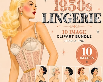 1950s Lingerie Clipart Bundle, Midcentury Ladies PNG (Digital Download)