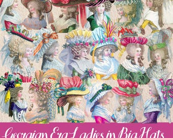 Georgian Fashion Clipart: Ladies in Big Hats, Vintage Art (Digital Images)