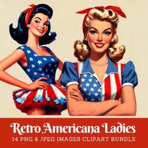 retro americana clipart, 1960s women in patriotic dress, vintage patriotic clip art, retro American ladies, Midcentury Americana digital images, commercial use.