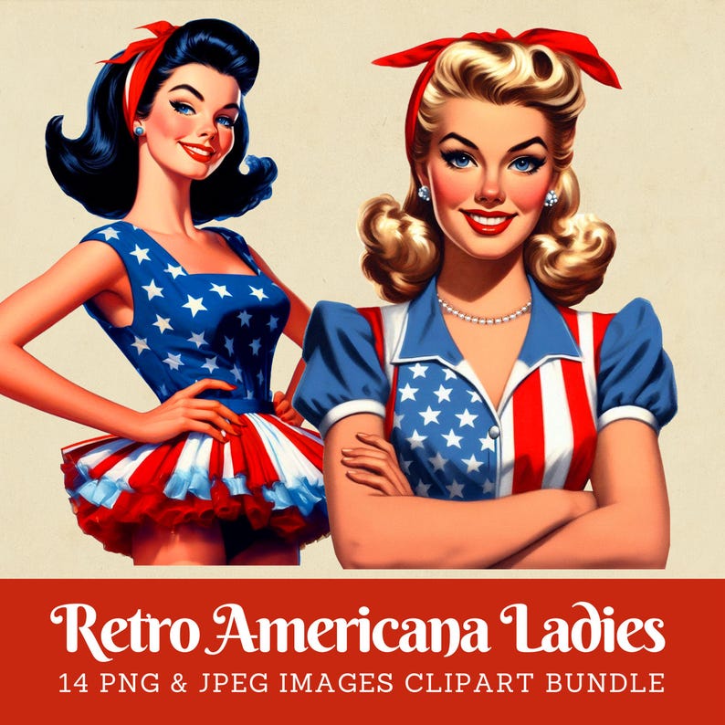 retro americana clipart, 1960s women in patriotic dress, vintage patriotic clip art, retro American ladies, Midcentury Americana digital images, commercial use.