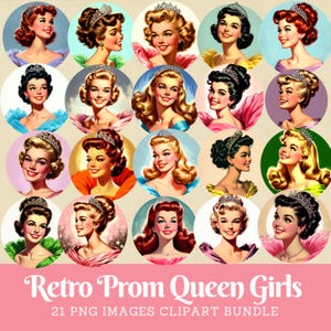 Retro Prom Queen Clipart Bundle Vintage 1950s Princess Digital Image download Commercial Use