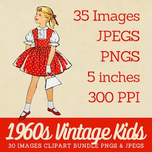 Op de afbeelding: Een digitale illustratie van een blond kind in een rode jurk met stippen, witte pofmouwen, witte sokken en rode schoenen, met een witte handtas. Tekst: 35 Images, JPEGS, PNGS, 5 inches, 300 PPI, 1960s Vintage Kids, 30 IMAGES CLIPART BUNDLE PNGS & JPEGS.