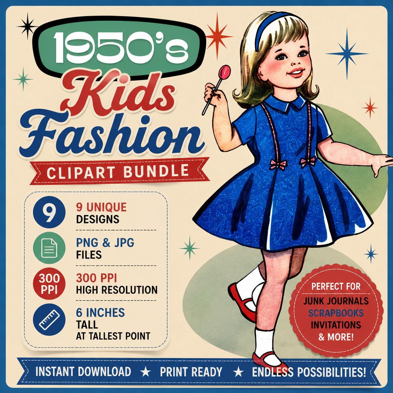 1950s Girls Fashion Clipart Bundle Midcentury PNGS Fussy Cut