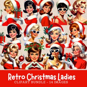 Paquete de imágenes prediseñadas de mujeres navideñas retro Imágenes digitales de mujeres navideñas de los años 60 para uso comercial