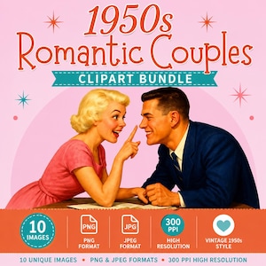 Op de afbeelding: Een digitaal clipart-pakket getiteld 1950s Romantic Couples met een illustratie van een blond persoon in een roze jurk en een persoon in een blauw pak. De afbeelding bevat tekst die 10 afbeeldingen, PNG- en JPEG-formaten, 300 PPI resolutie en een vintage 1950-stijl aangeeft op een roze en oranje achtergrond.