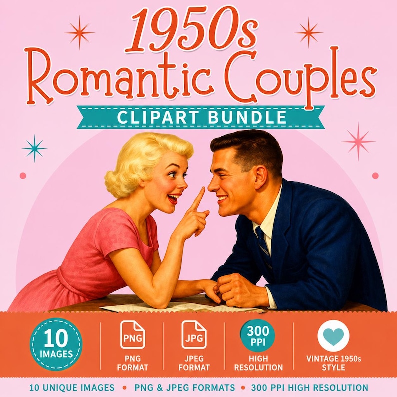 Op de afbeelding: Een digitaal clipart-pakket getiteld 1950s Romantic Couples met een illustratie van een blond persoon in een roze jurk en een persoon in een blauw pak. De afbeelding bevat tekst die 10 afbeeldingen, PNG- en JPEG-formaten, 300 PPI resolutie en een vintage 1950-stijl aangeeft op een roze en oranje achtergrond.