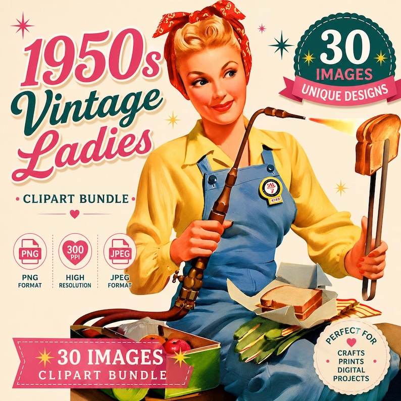 Op de afbeelding: Een digitaal clipart-pakket met een illustratie in jaren 50-stijl van een persoon in een geel overhemd en blauwe tuinbroek die een snede brood roostert met een brander. Tekst: 1950s Vintage Ladies, 30 Images, en PNG/JPEG-formaten.