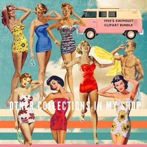 May include: A digital clipart bundle of 1950s swimsuit illustrations. The illustrations feature women in various vintage swimsuits, including a yellow polka dot swimsuit, a blue swimsuit, a red swimsuit, and a floral swimsuit. The illustrations are set against a blue and white background with a pink vintage van.