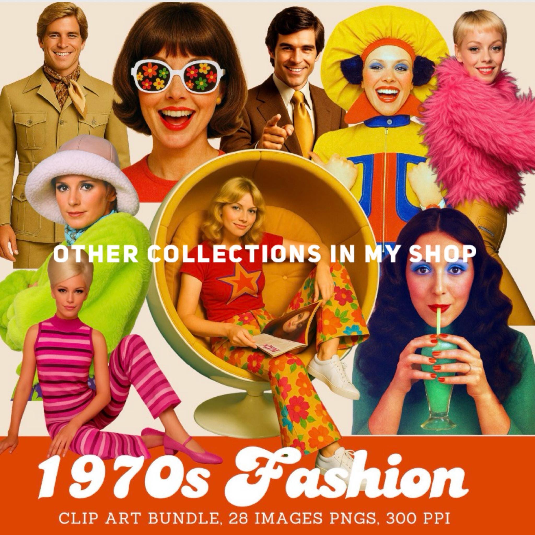 1970年代のファッションクリップアートバンドル：Groovy Teens PNG