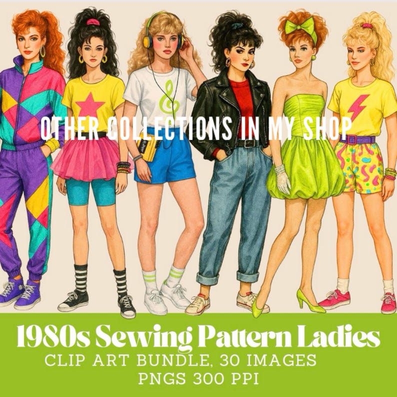 80s Fashion Clipart Bundle: Vintage Women PNGs (Digital Download) image 5