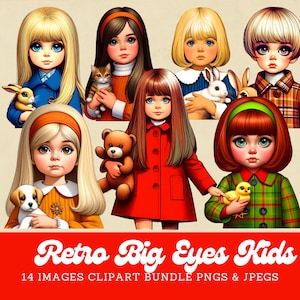 Paquete de imágenes prediseñadas de niños con ojos grandes retro Descarga digital Niños lindos con ojos grandes en el estilo de los años 1960 y 1970 - Uso comercial