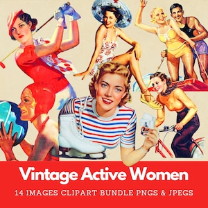 Lot de cliparts sportives vintage femmes des années 1930 femmes des années 1950 actives Images numériques