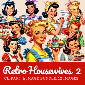 Retro huisvrouw clipart - illustraties jaren 1950, old school tijdperk, vintage huisvrouwen PNG, Junk Journal, scrapbooking illustraties, mooie vrouwen